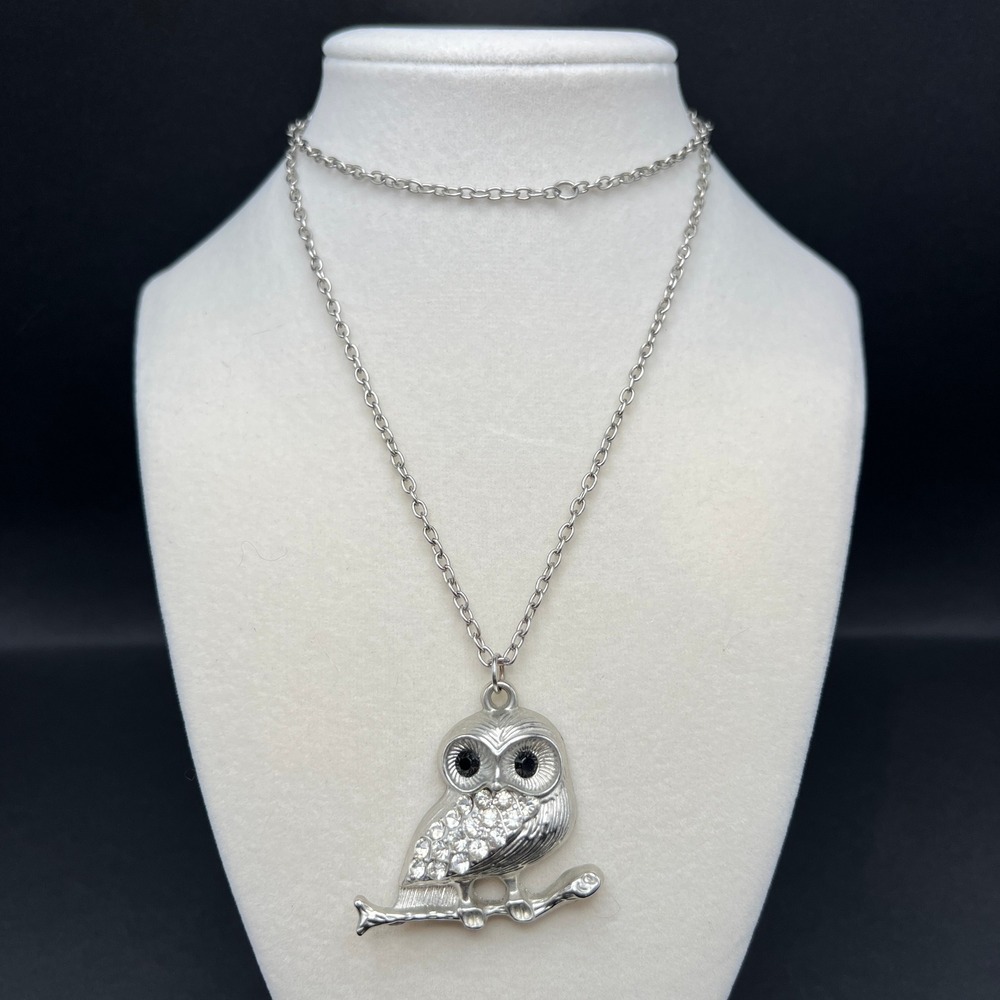 Rhinestone Owl Pendant Necklace Silver Tone Whimsical Animal Bird Branch Forest
